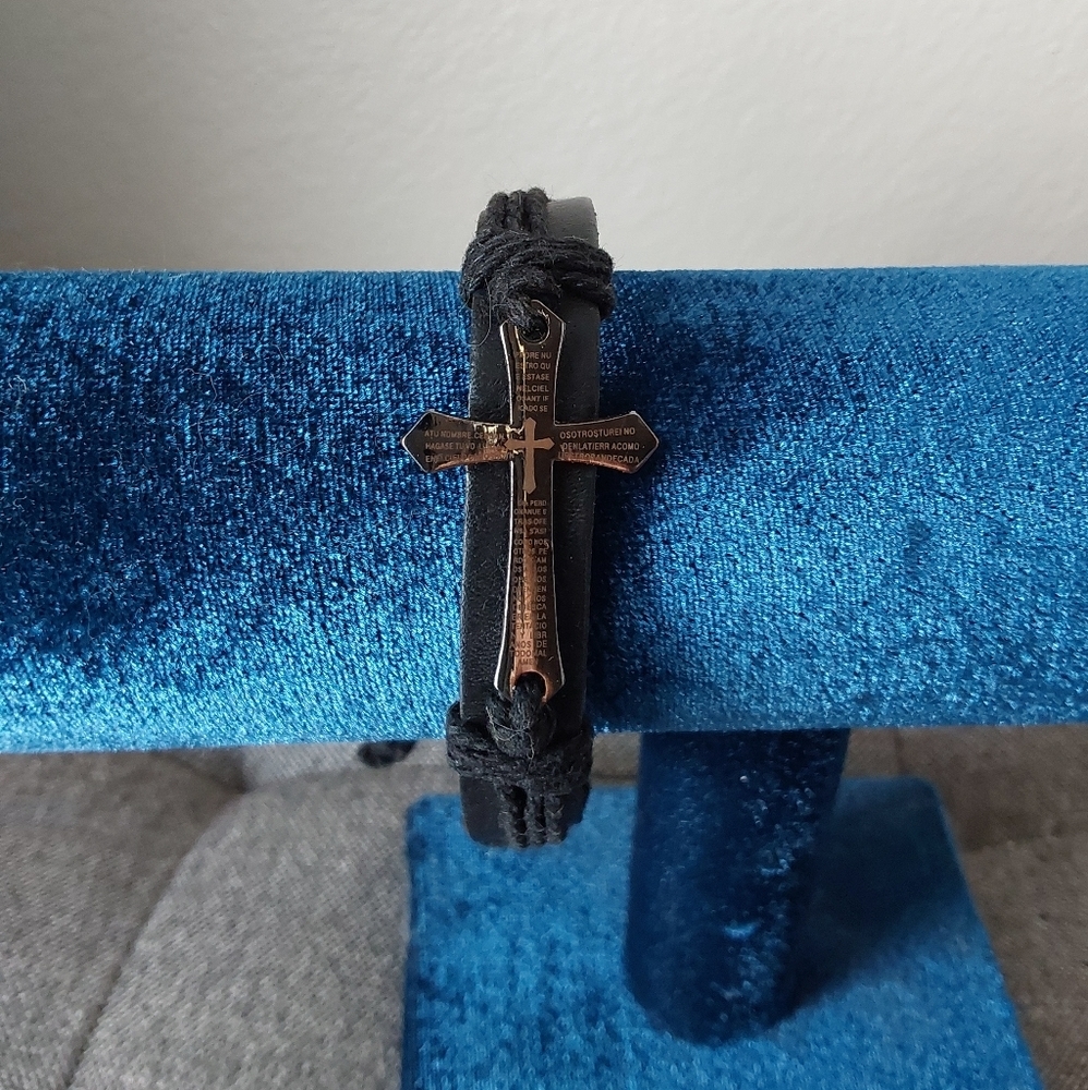 Spanish Lord's Prayer Men's Black Genuine Leather Bracelet, Bronze Crucifix